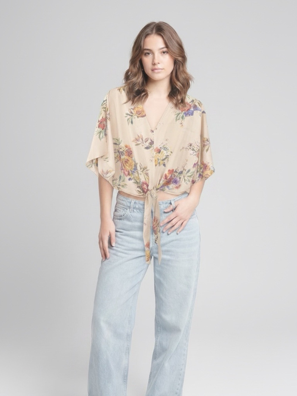 Hummingbird made in USA Beige Floral Tie-Front V-Neck Blouse